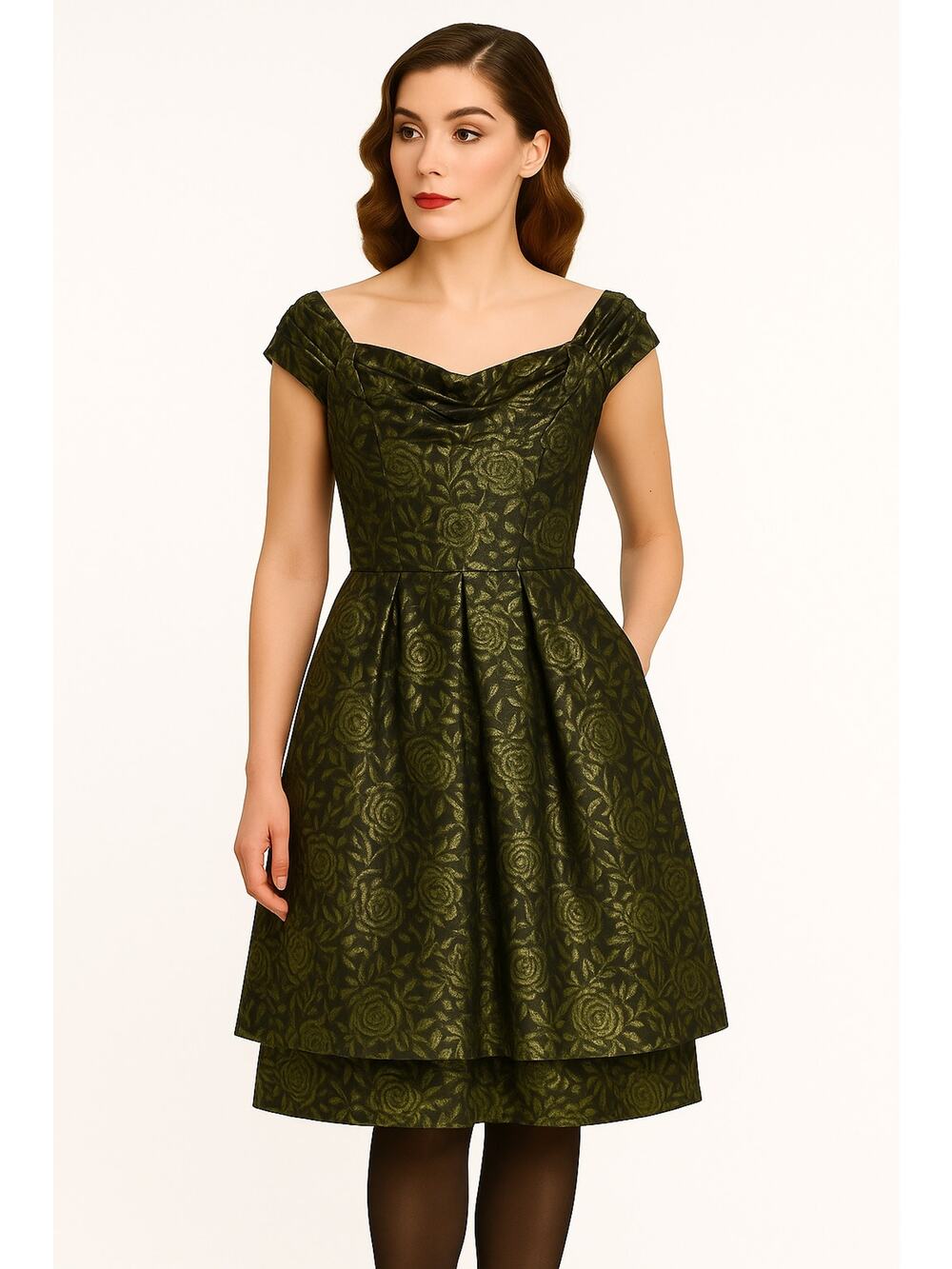 Vintage 1950s Olive Gold Brocade Cocktail Dress with Boned Bodice  XS